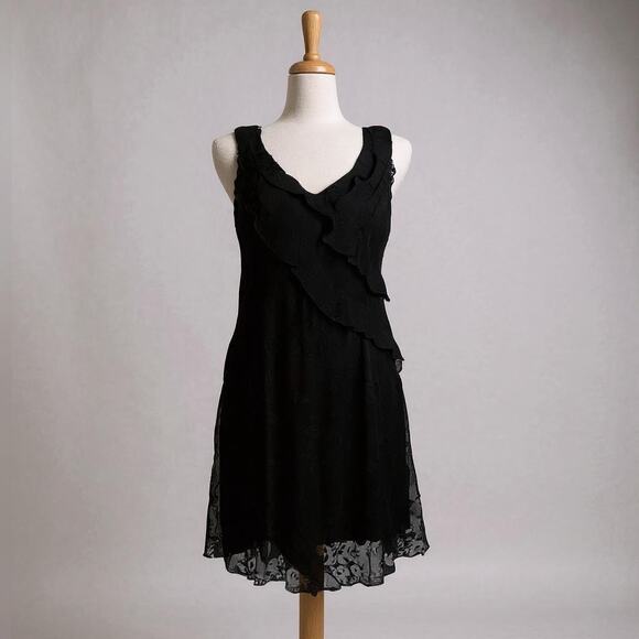 VTG Y2K Velvet Burnout Mini Dress Sz 8P Robbie Bee Black Ruffles Whimsigoth Hoco - Picture 2 of 11